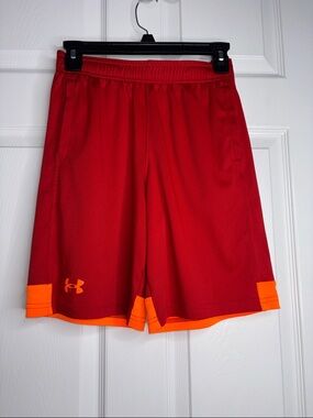 Under Armour Men’s Red Athletic Shorts with Orange Hem